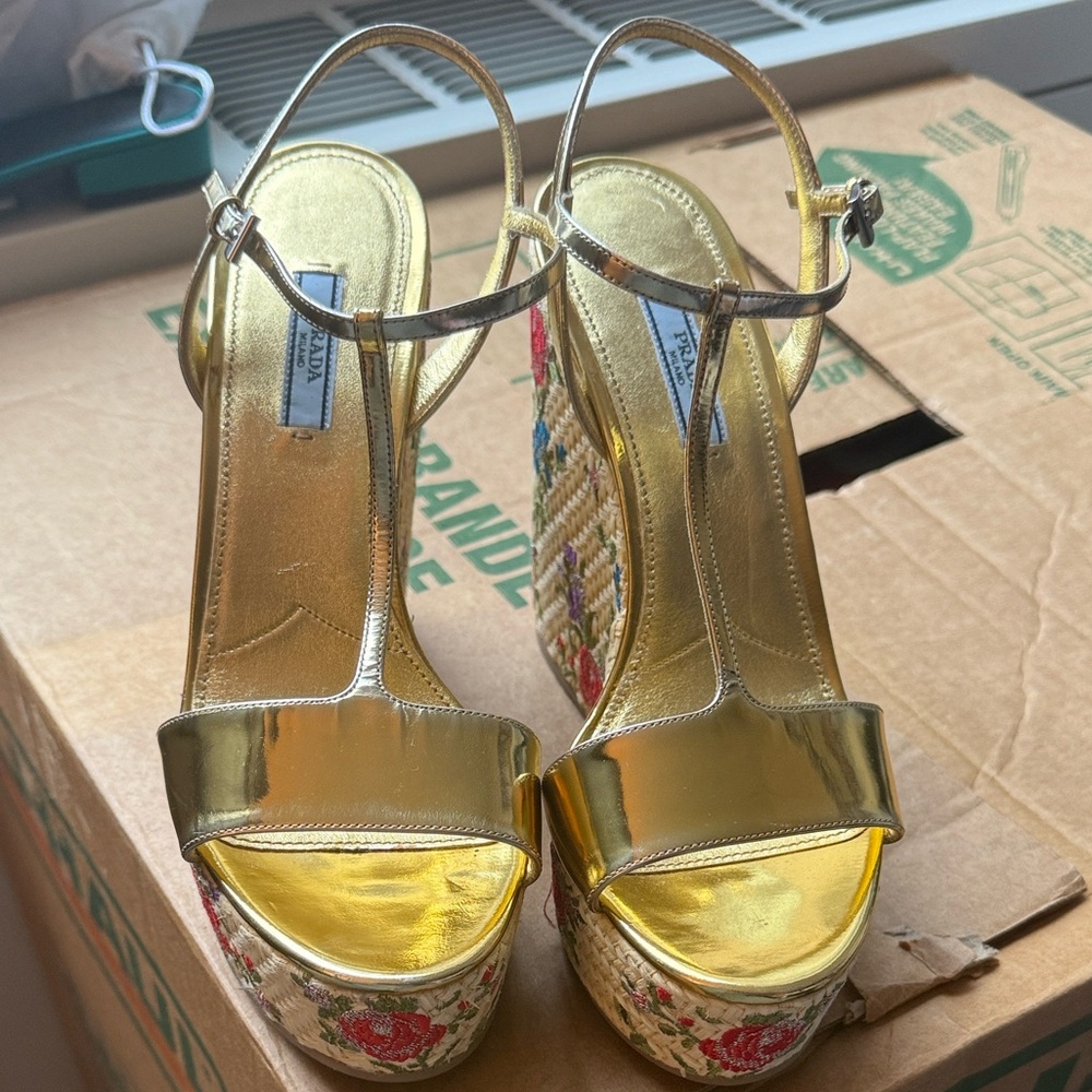 Prada Gold Floral Platform Heels